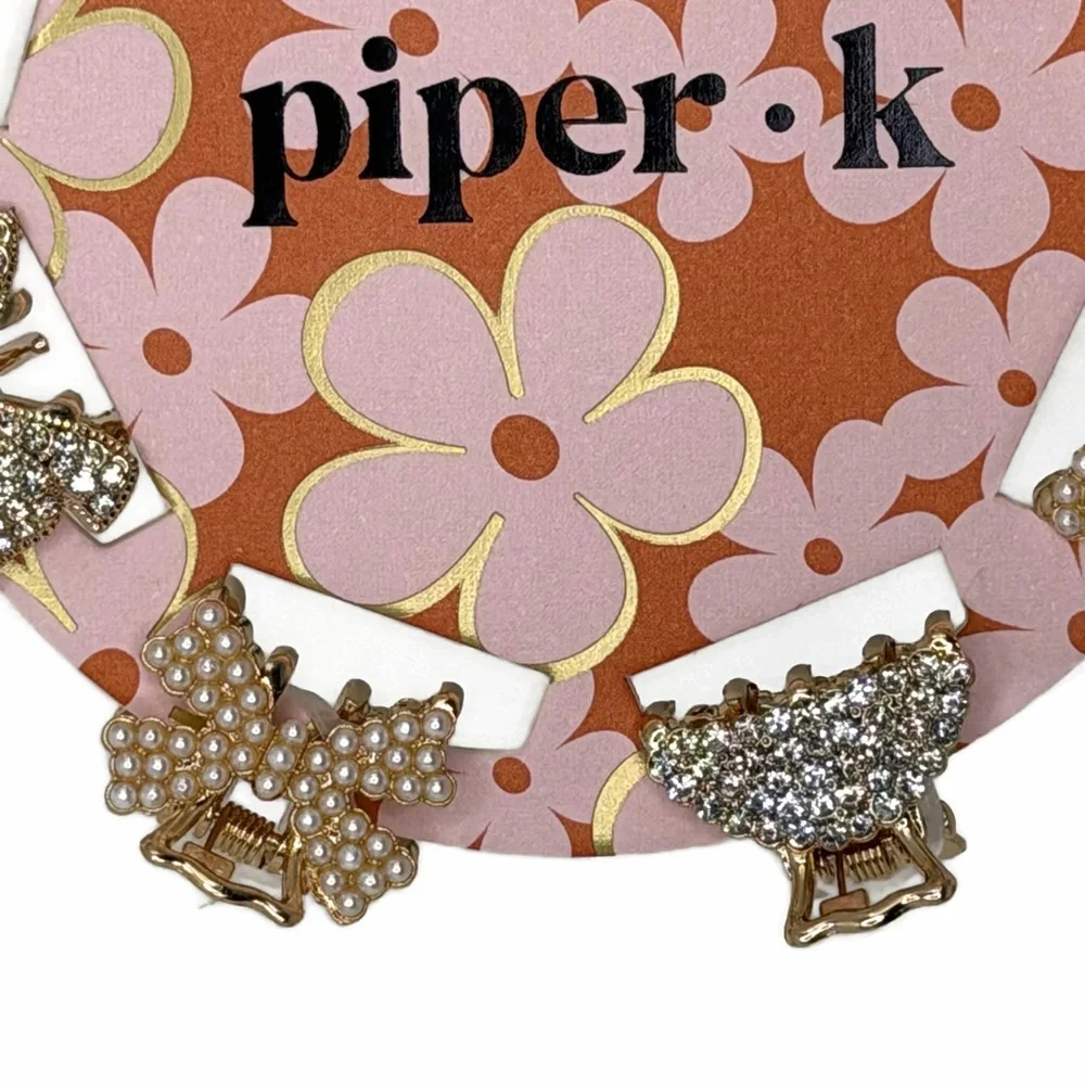 Piper K Gold Tone faux Pearl Silver Rhinestones Mini Hair Claw Clips Set of 8